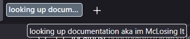 a Firefox container that reads 'looking up documentation aka im McLosing it'
