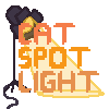 an image of a stage light, shining a bright yellow spotlight on the words "cat spotlight." the text is various shades of orange.