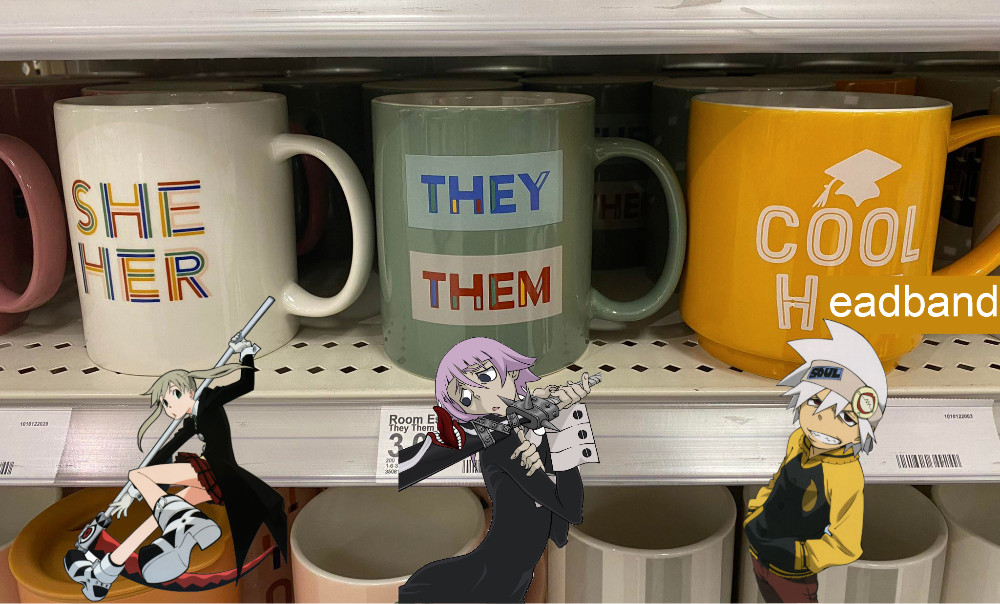 the 'she/her, they/them, cool hat' meme with maka, crona, and soul (edited to say 'cool headband' instead)