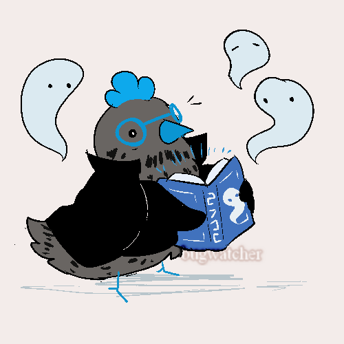 dark gray chicken holding book surrounded by ghosts