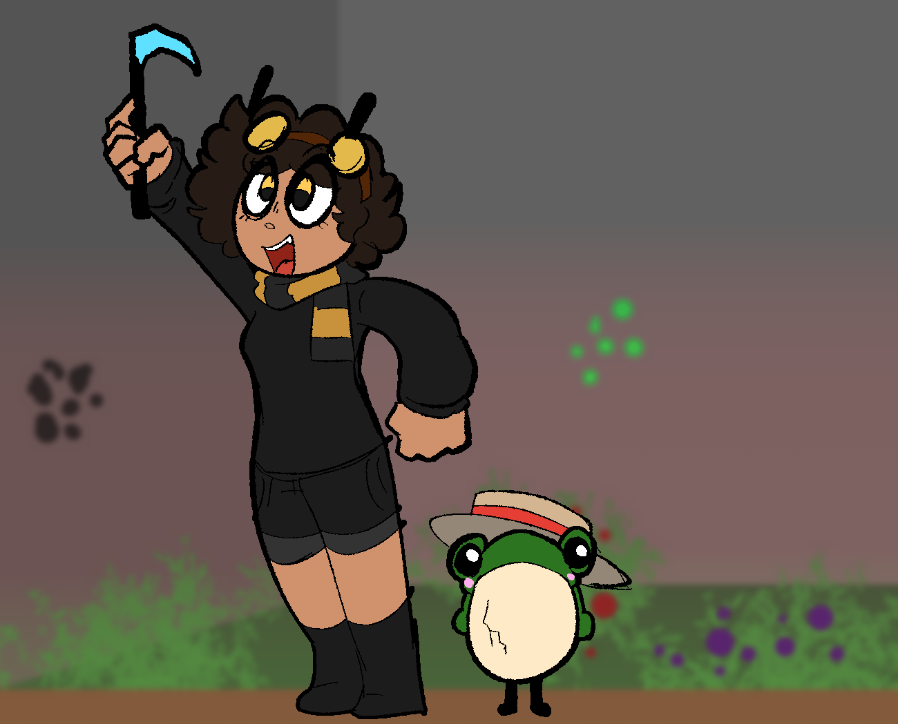 an illustration of a girl with dark curly hair, a dark outfit with a yellow scarf and and bee wings and antenna holding up a diamond hoe right next to a small egg with legs wearing a frog hat