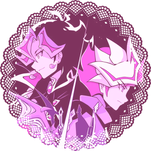 an image of ai and yuusaku from yu-gi-oh! vrains, overlayed on a transparent lace doily. the entire image has a pink hue