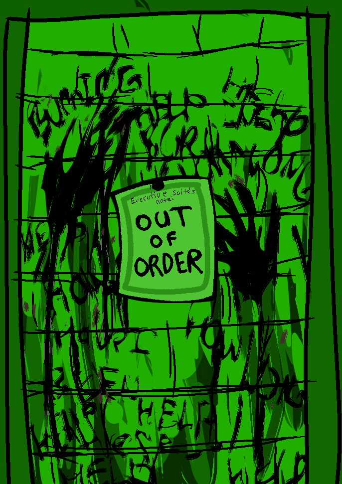 A doorframe opened to a green brick wall. The wall is smudged with clawed handprints and scribbled pleas for help in an unidentified black substance with traces of blood, and there's a memo pinned to it that reads "Executive Suite's note: OUT OF ORDER".