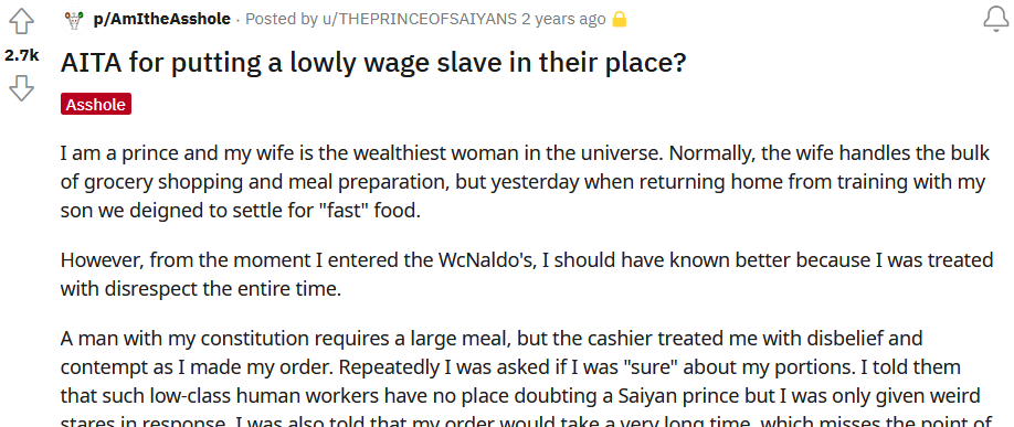A screenshot of the subpuppit p/AmITheAsshole by user THEPRINCEOFSAIYANS, titled "AITA for putting a lowly wage slave in their place?" The user describes himself, in a very defensive and self-righteous manner, how he threw a tantrum at a fast food establisment.
