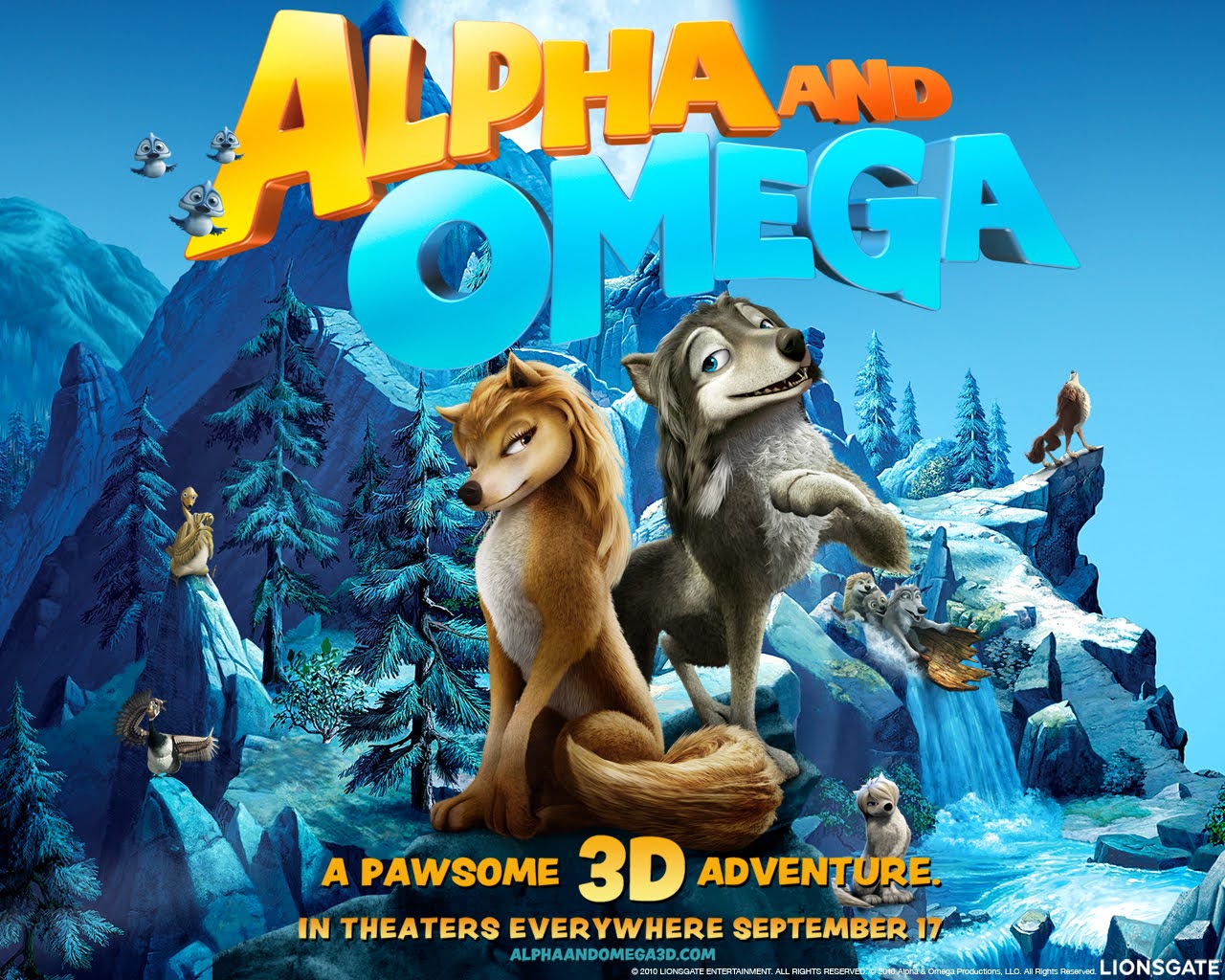 The poster for the children's 3D animated wolf movie Alpha and Omega.