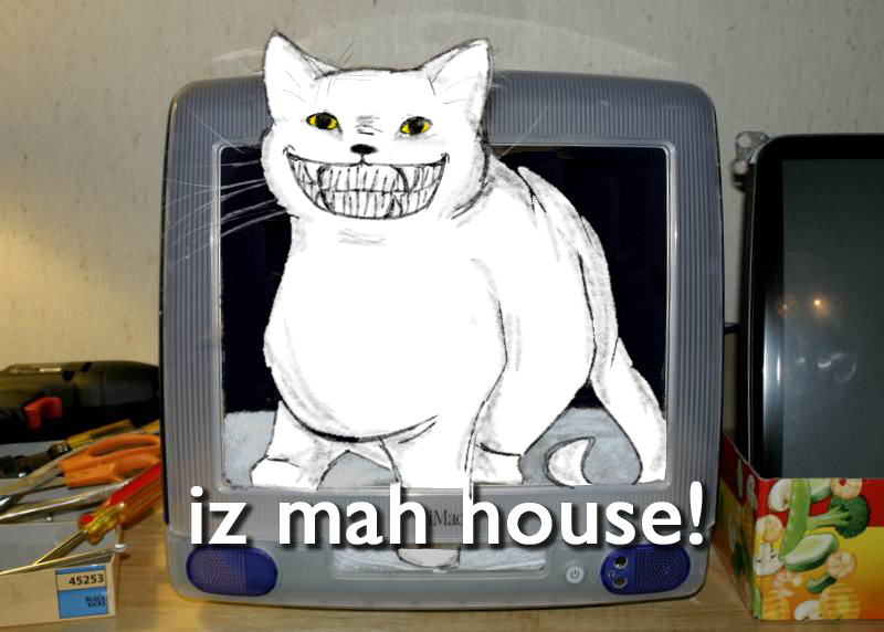 A Lolcat style macro of the Judge inside an empty iMac monitor, captioned "iz mah house!"