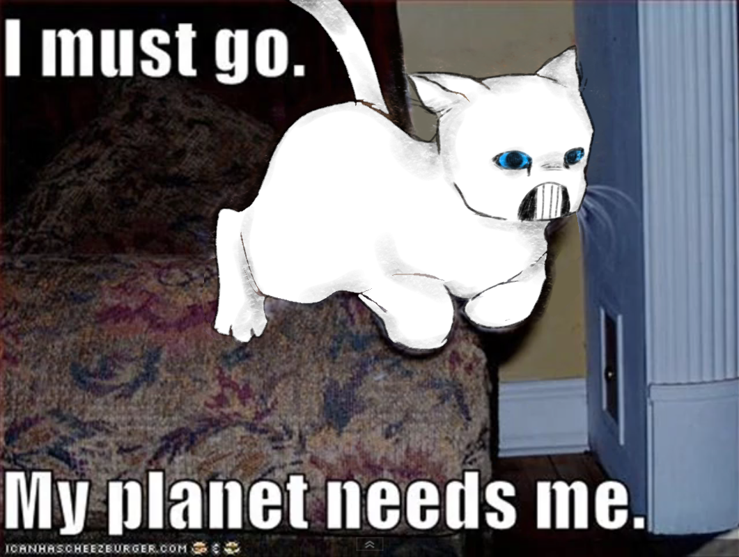 A Lolcat style macro of Valerie mid-leap, captioned "I must go. My planet needs me."