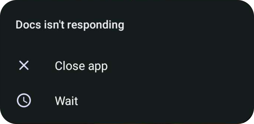 A mobile pop-up tells us that Docs isn't responding.