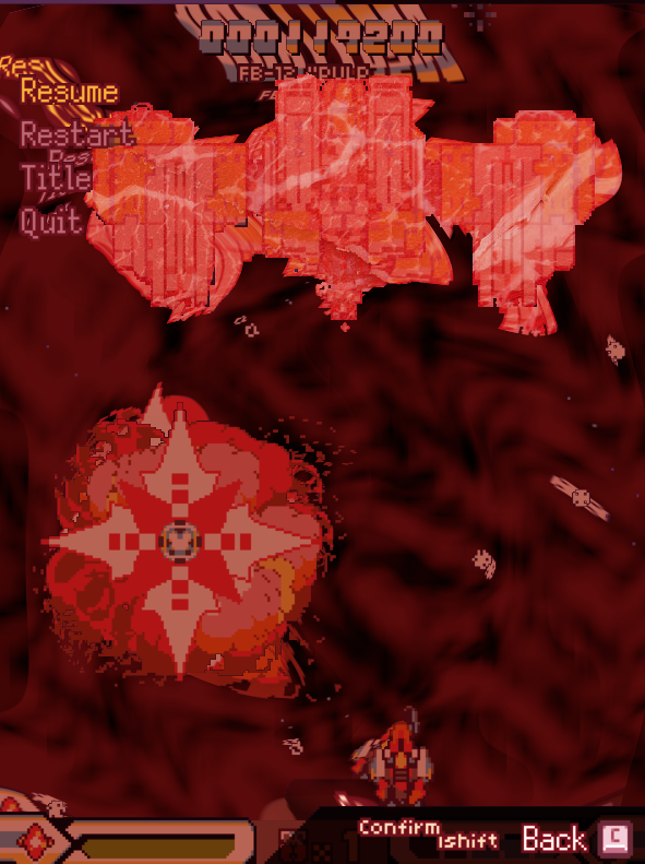 A paused screenshot of Blue Revolver: Double Action, edited to be ominously black and red. There's a stock raw meat texture overlaid over the Stage 1 midboss, and the attack name "PULPIT" has been changed to "PULP".