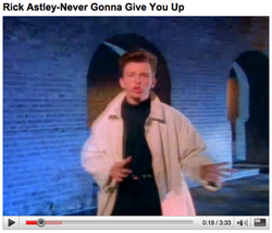 A Youtube screenshot of Rick Astley-Never Gonna Give You Up.