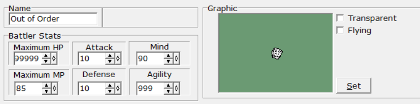 A screenshot of the RPGmaker 2003 enemy editor. In it is an Out of Order sign with 99999 health.