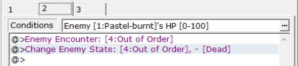 A screenshot of the RPGmaker event editor. In it, the Pastel Burnt's events have been altered to repeatedly revive the Out of Order sign.