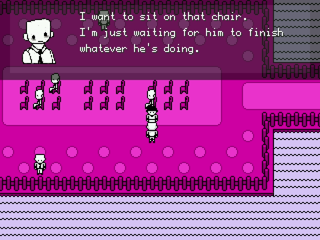 Screenshot of talking to the Elsen who says, 'I want to sit on that chair. I'm just waiting for him to finish whatever he's doing.' He's mysteriously edited to be wearing shorts.