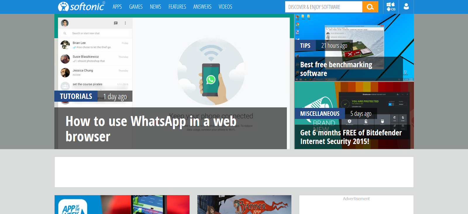 The homepage of Softonic. The featured article headline reads "How to use WhatsApp in a web browser".