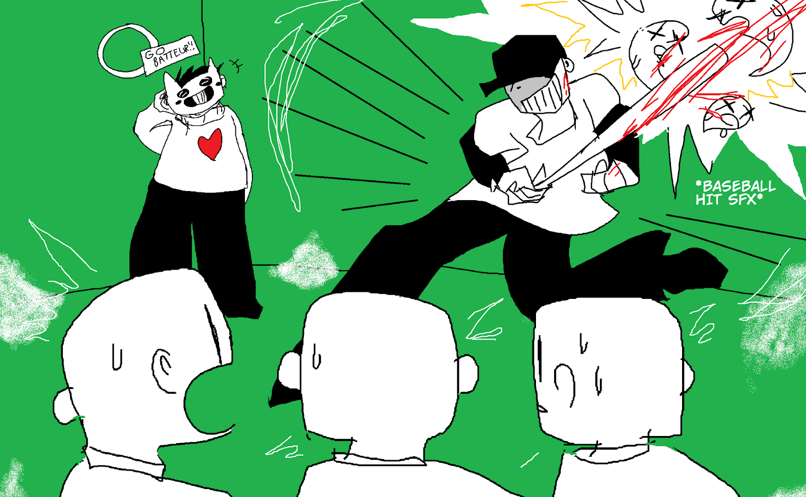 The Batter in the sugar storage room, killing several ghosts while three Elsen look on in shock and awe. Zacharie watches sheepishly in the background while Epsilon holds up a sign that says "GO BATTEUR!!"