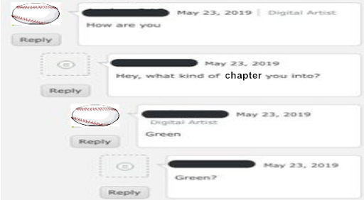 A Deviantart comment chain. "How are you" "Hey, what kind of chapter you into?" "Green" "Green?"
