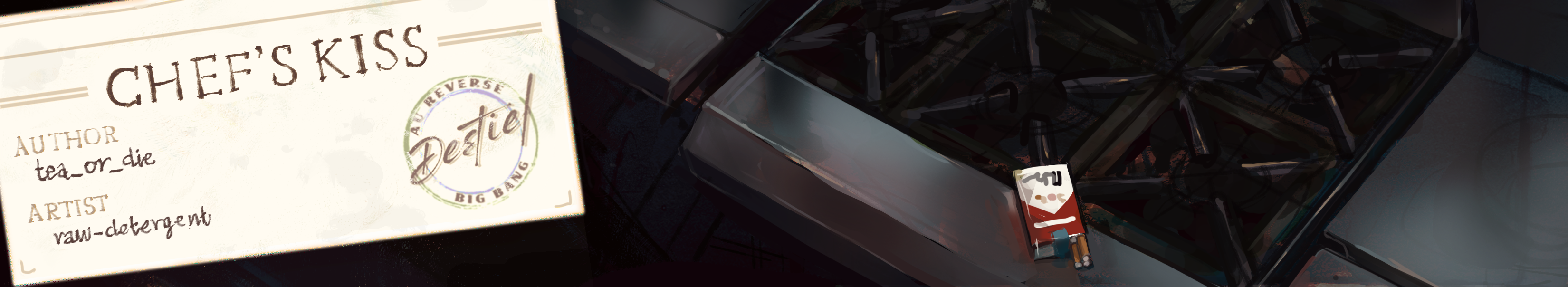 Cigarettes sit prominently visible in the left hand corner of a long banner, bearing the title of the story "Chef's Kiss"