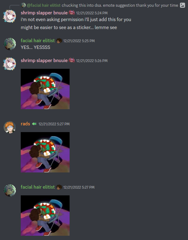 discord screenshot of a mod adding a sticker of a character in the shinji chair pose, followed by several people sending it in sequence