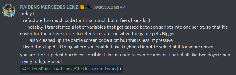 discord screenshot of someone talking about code