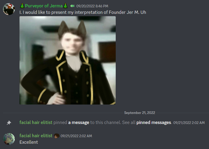 discord screenshot of someone presenting an edited image of Jerma. someone else is replying in approval.