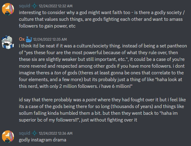 discord screenshot of two people discussing a fictional pantheon.