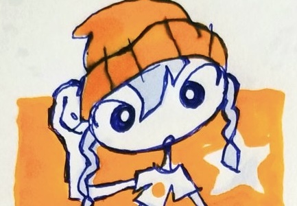 A girl with blue hair in 2 braids with an orange beanie on. One of her arms is behind her head. art by @kficc