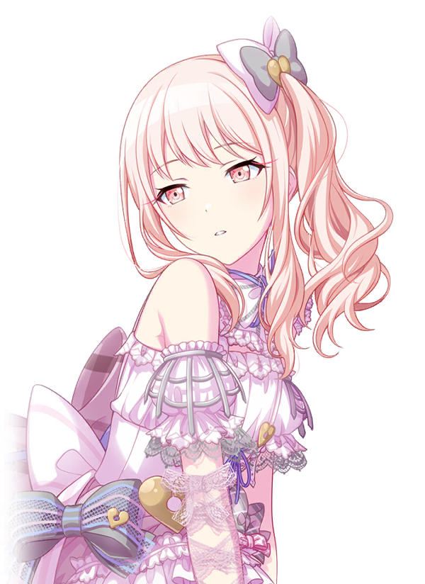 Mizuki Akiyama in a pink dress with lots of lace and bows. Her torso is leaned toward the opposite direction as her head and she has a neutral look on her face