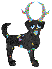 Black dalmatian with multi-colored spots and large antlers posing facing the viewer.