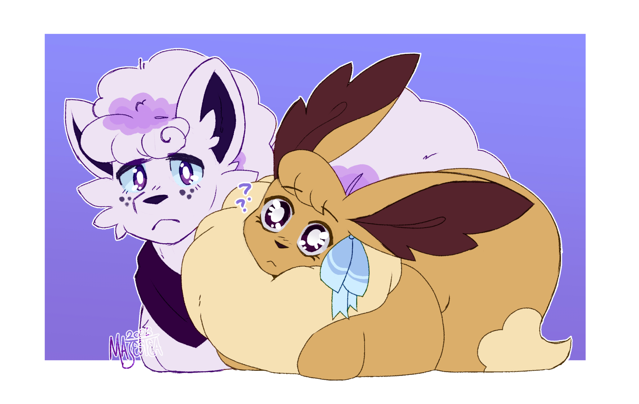 A shiny vulpix and a fluffy eeve loafing together.