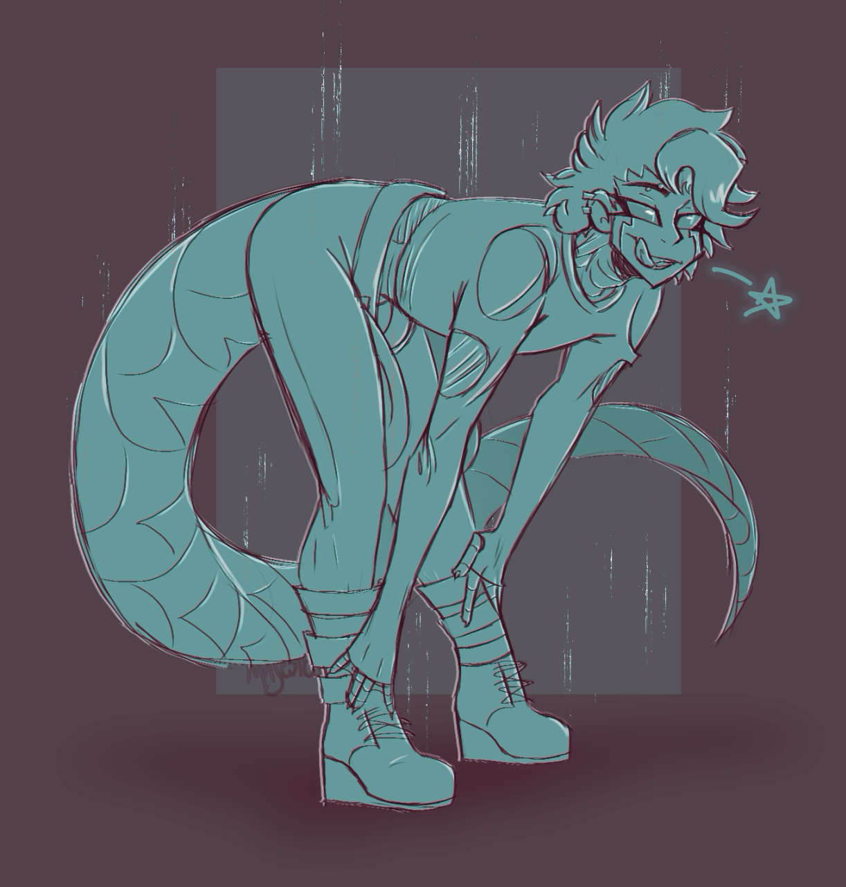 An android-looking ai person bending over, licking their lips. Their body is covered in plates of metal under their clothes and they have a long tail.