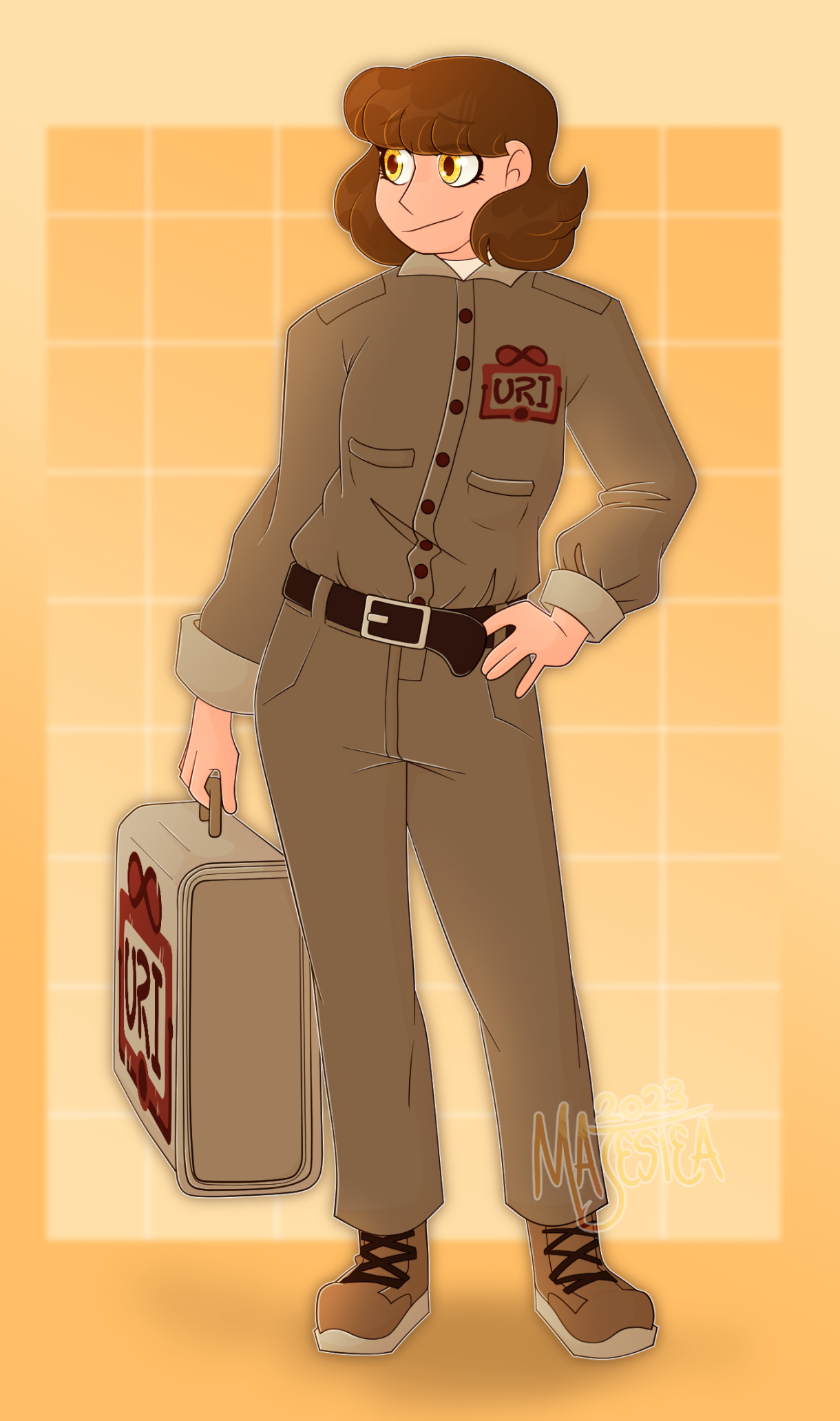 A woman in mail uniform holding a suitcase.