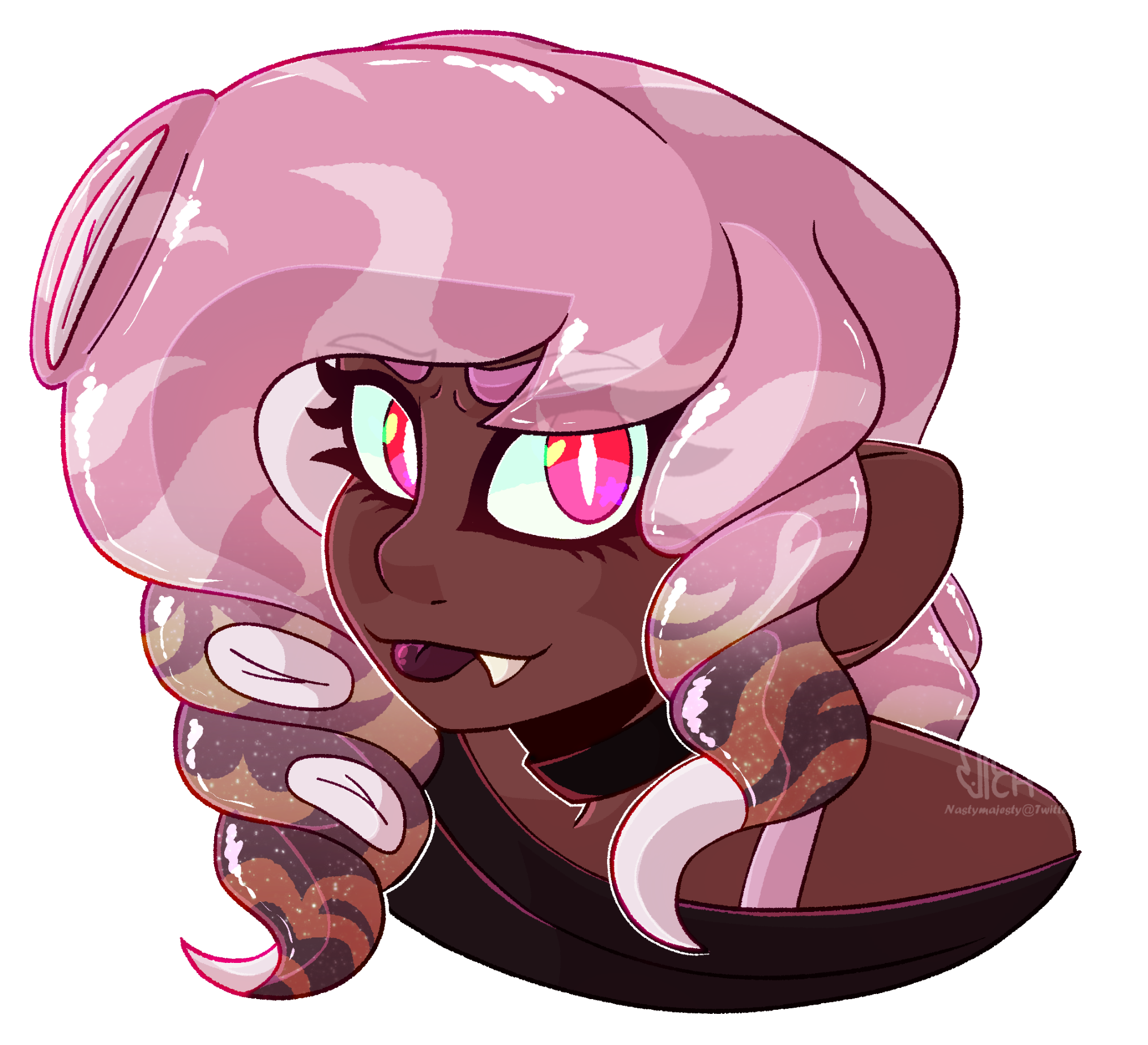 A pink Octoling sticking her tongue out.