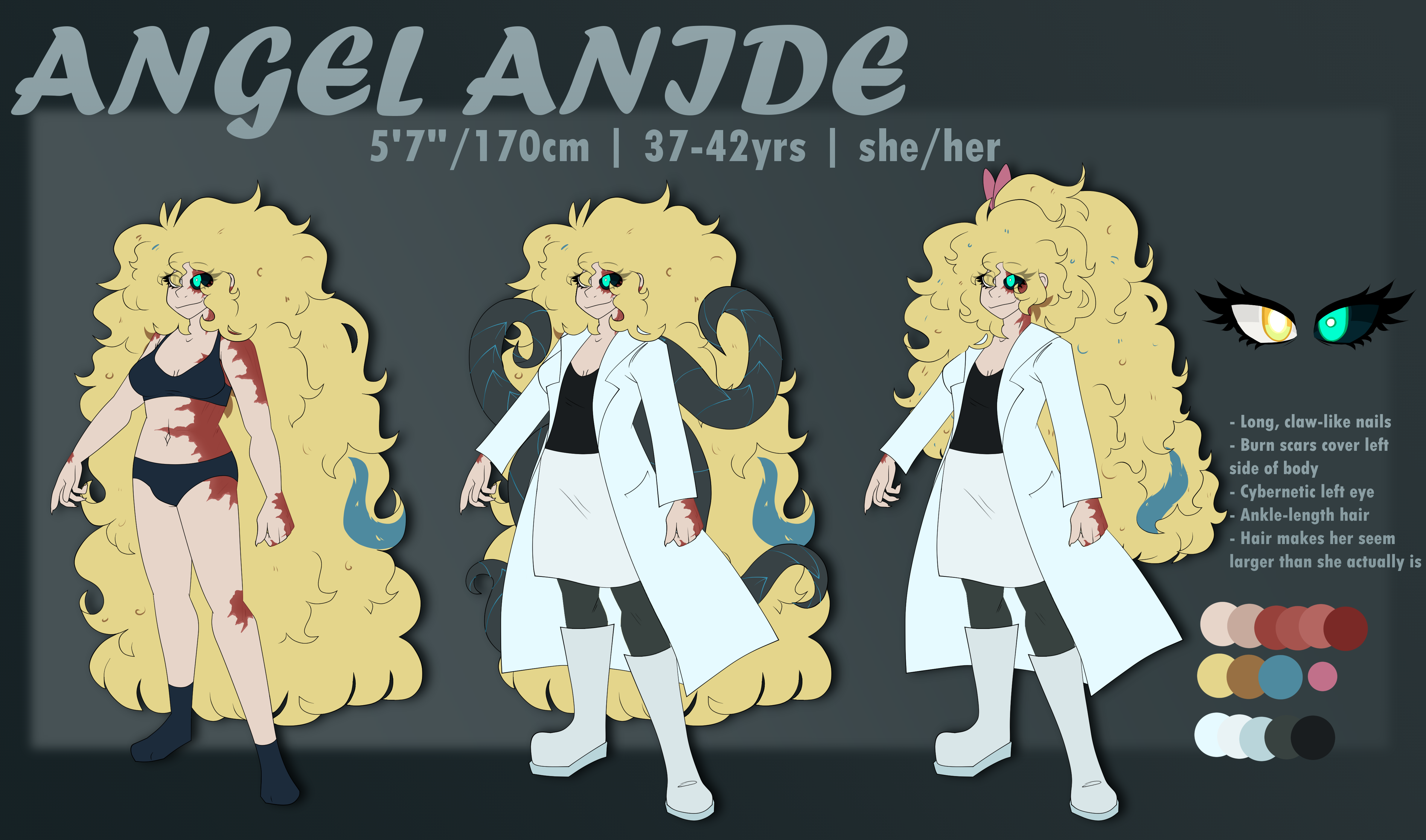 A reference sheet for a woman named Angel Anide.