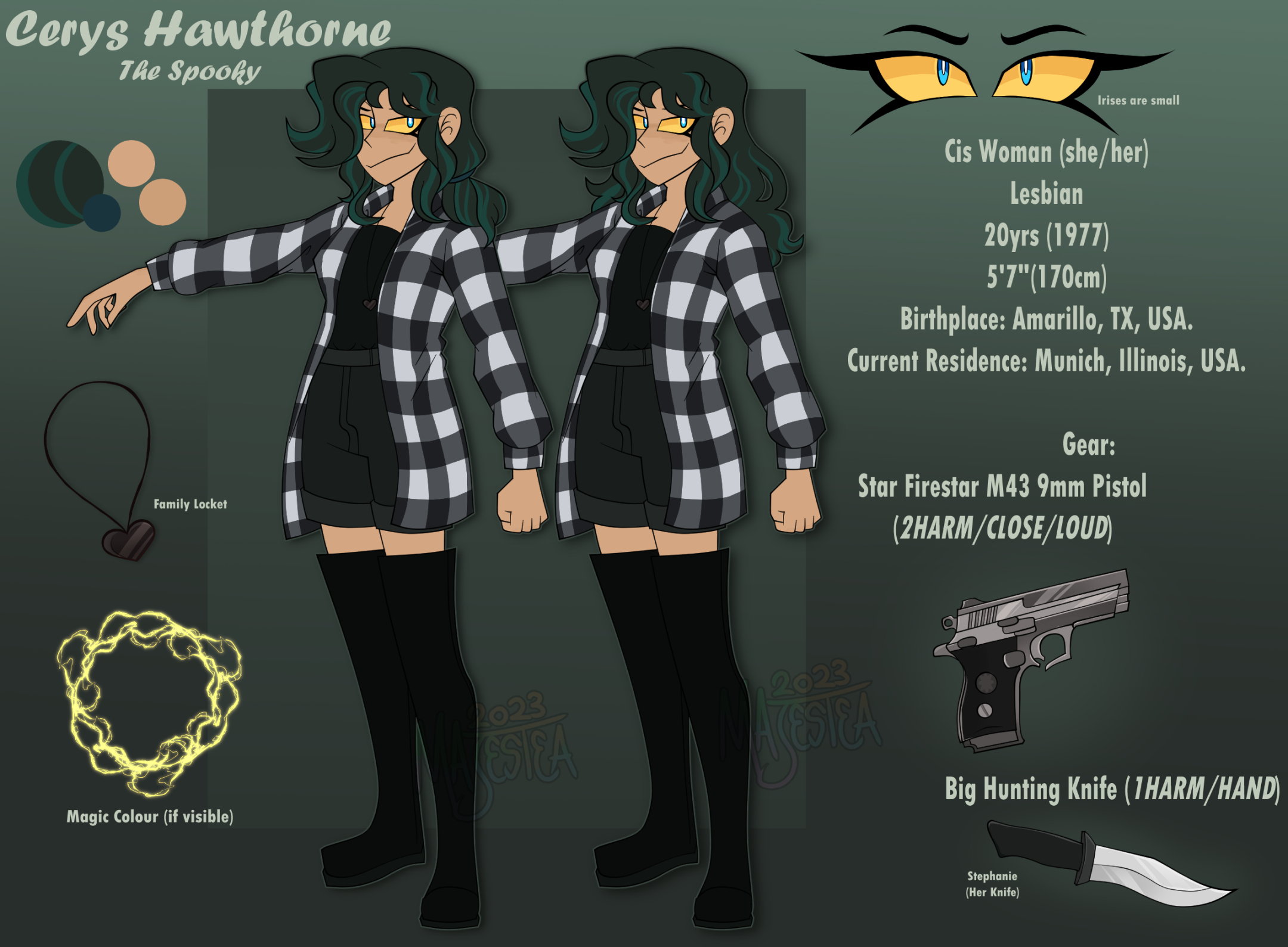 A reference sheet of a woman named Cerys Hawthorne.