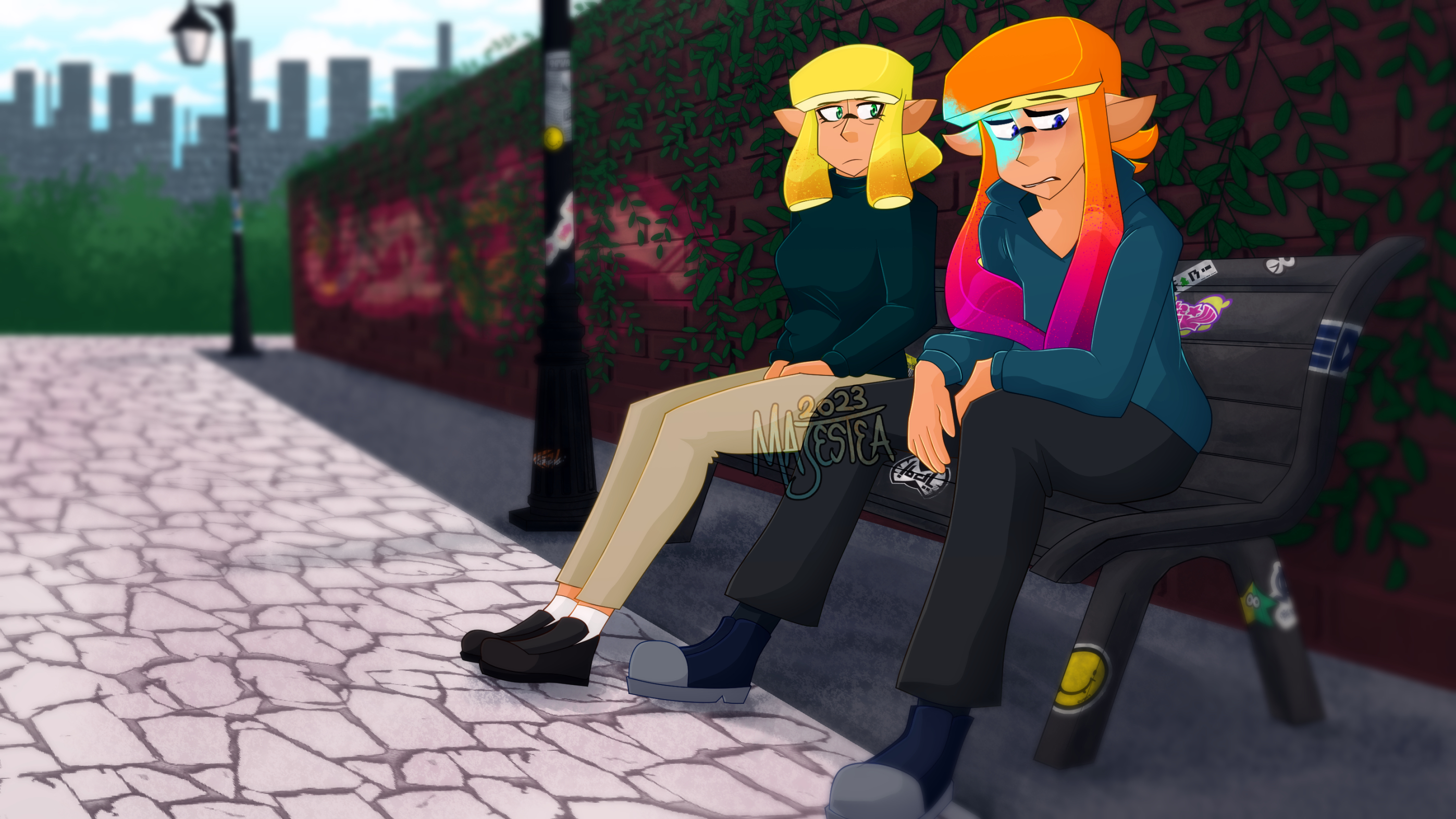 Two inklings talking about something serious on a bench