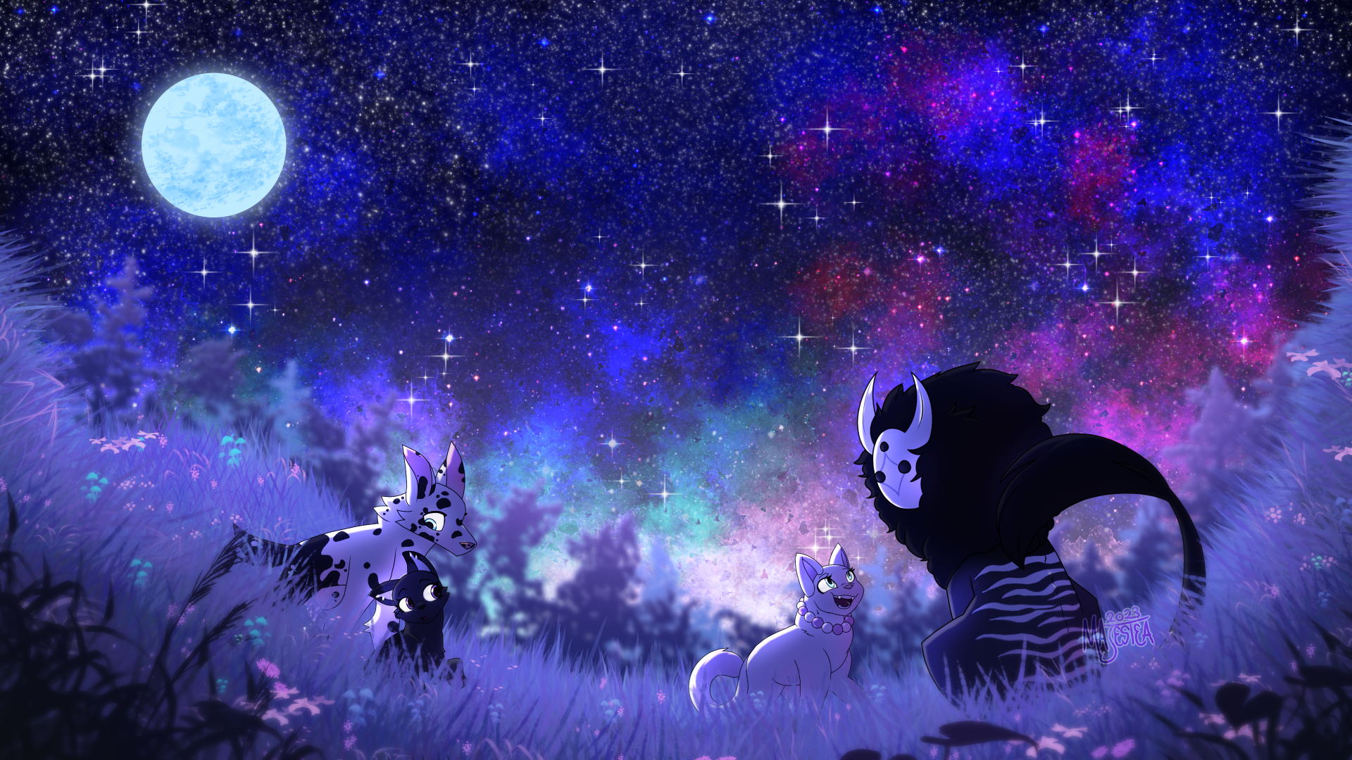 Four creatures, one being large and beast-like, in a purple and blue open field under the starry night sky.