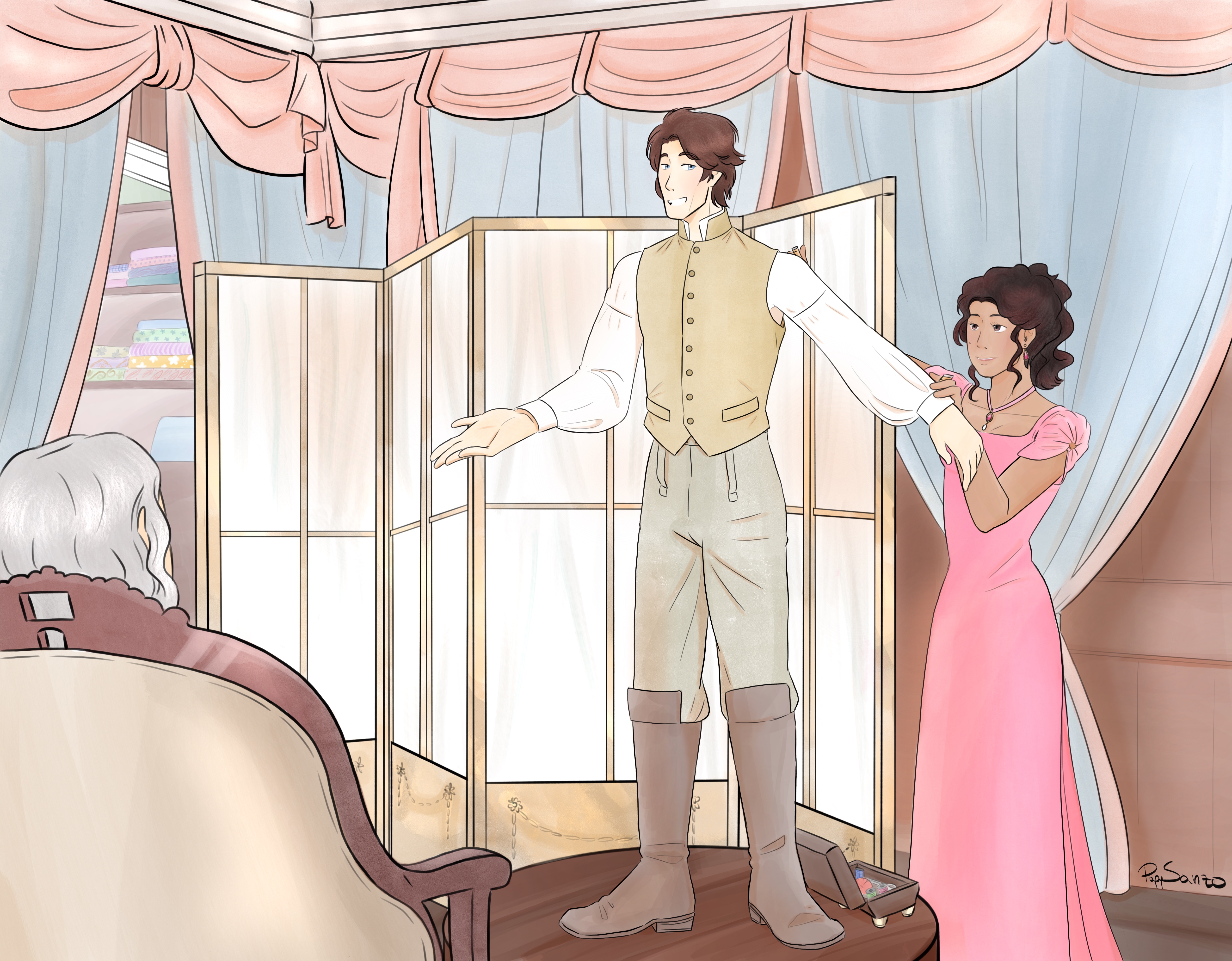 Merlin at the modiste This is a drawing by PapySanzo89 depicting Merlin at the modiste, getting measured by Guinevere while Gaius looks on from his chair.