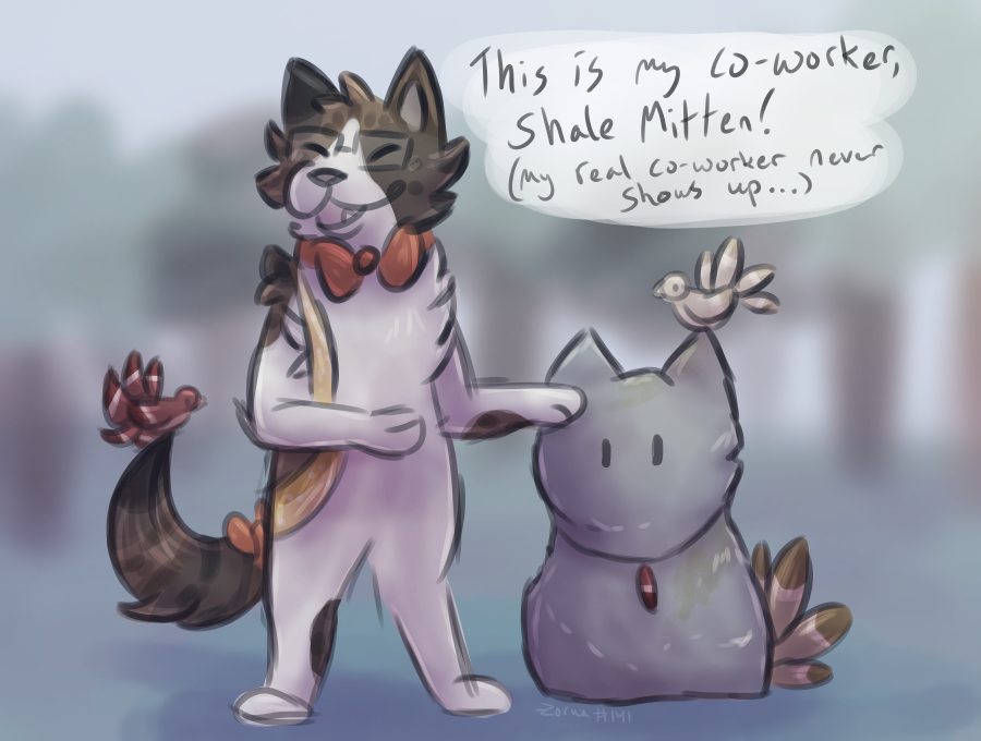 a drawing of milo next to a stone cat. he is introducing her as shale mitten, his coworker
