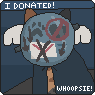 a badge showing nessie from the crescent pier, with an "i hate the mail" button over her face. along the top and bottom is text that reads "i donated! whoopsie!"