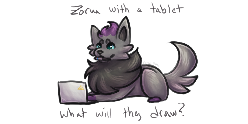 a zorua with a wacom tablet pen in its mouth. a caption reads zorua with a tablet, what will they draw?