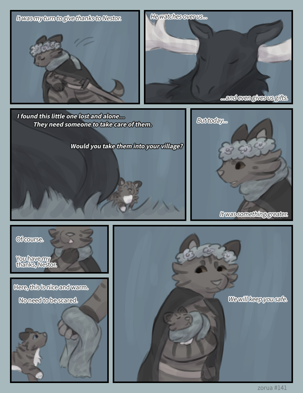 a comic of towerlock receiving cobalt from nestor. nestor explains that he found them lost and alone, and towerlock agrees to take them home, thanking nestor once again. she hands cobalt her scarf, and wraps him up in it before walking home, promising to keep him safe.