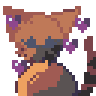 a pixel gif of may blinking, purple hearts floating around her