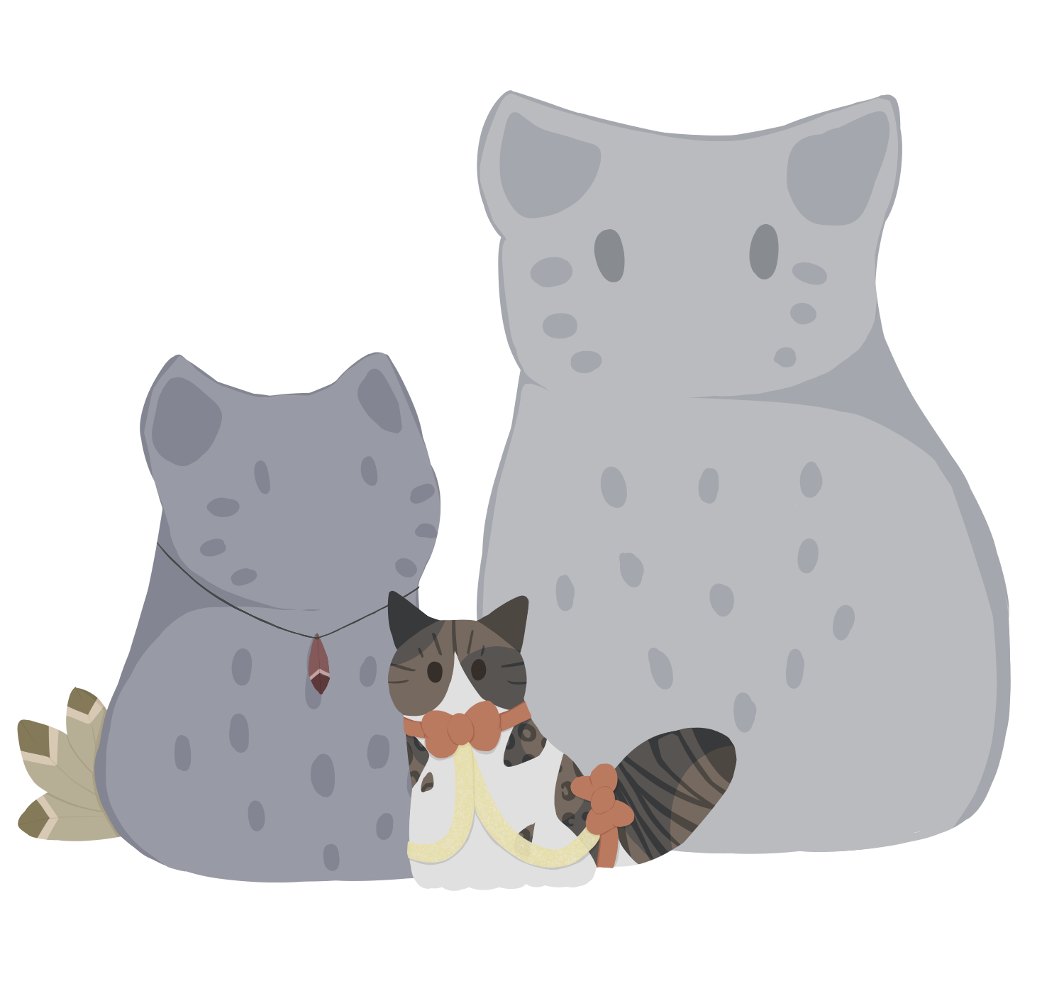 a lineless drawing of milo, shale mitten, and another stone cat