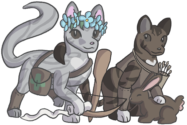 art of fyodor and terra together. fyodor has medic gear, while terra has ranger gear and is petting a brown bunny.