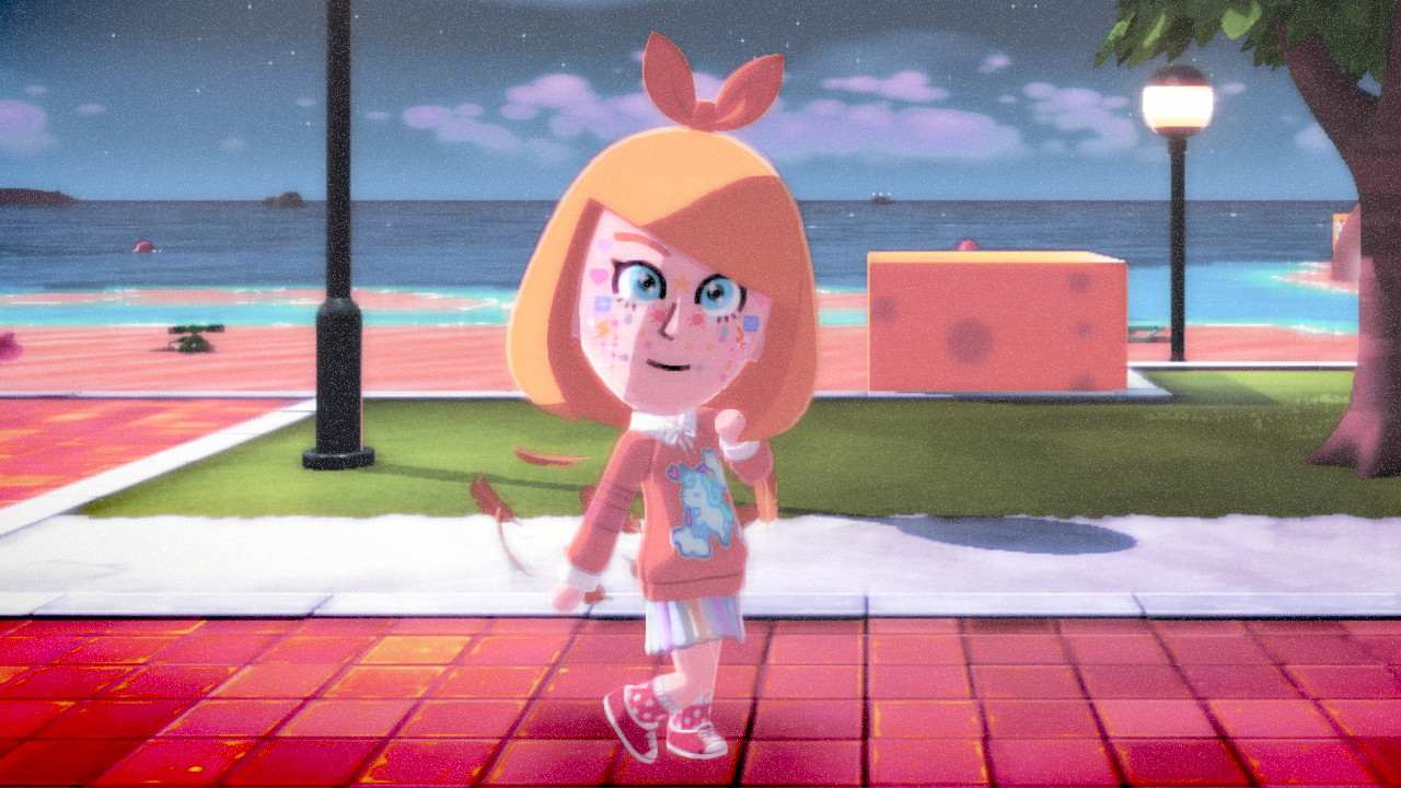 Kagamine Rin Mii showing off her unicorn sweater & rainbow skirt, posing on a sidewalk near the beach
