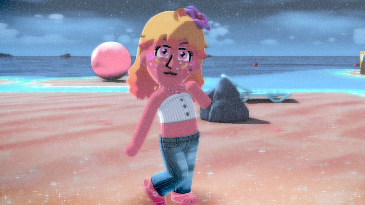 Venus Mii wearing a Y2K outfit, posing cutely on the beach