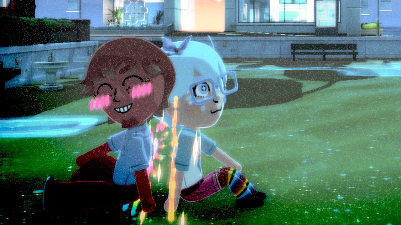 Jupiter and Uranus Miis sitting together in front of the ferris wheel at night, with celestial lights on their backs