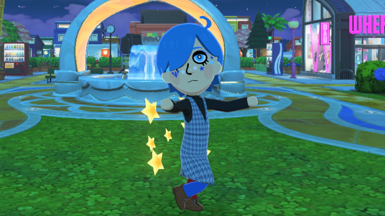 Neptune Mii wearing a blue houndstooth dress, two-toned socks and little stars on his back, doing an idol pose in front of the wishing fountain