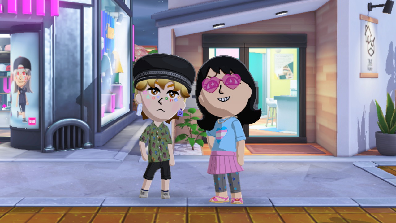 Lumin & Sora Miis posing together in front of the furniture store