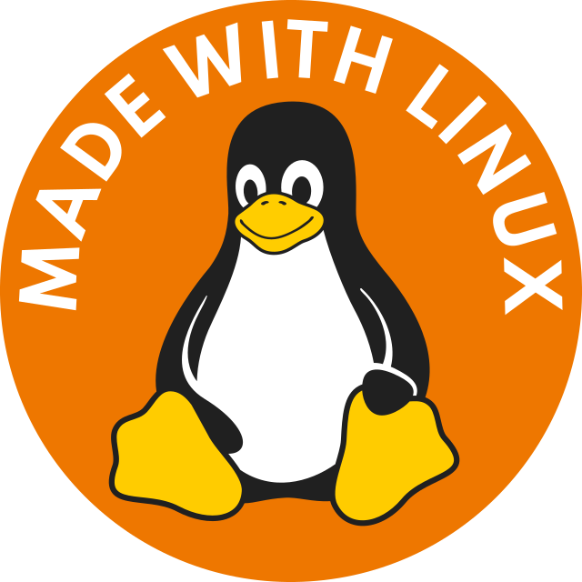 A drawing of the Linux mascot, Tux the penguin sitting down cheerily on a circular orange background. White text reads: 'Made with Linux.'